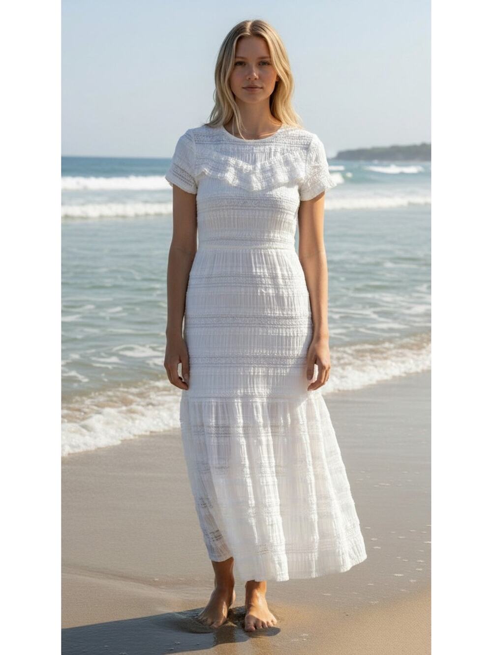 byTiMo Vintage White Crochet Lace Tiered Maxi Dress Boho Cottagecore NWT Large